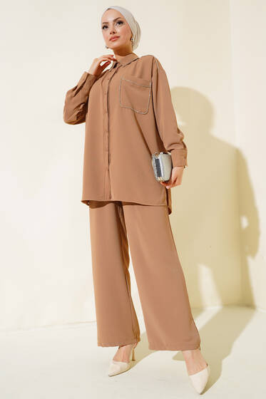 Taş Şerit Detaylı İkili Takım Camel - İKİLİ TAKIM