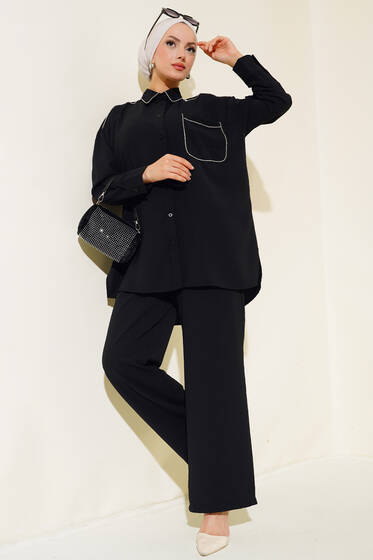 Taş Şerit Detaylı İkili Takım Siyah - İkili Takım