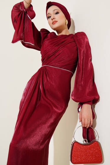 Taş Şerit Detaylı Şifon Abiye Elbise Bordo - Elbise