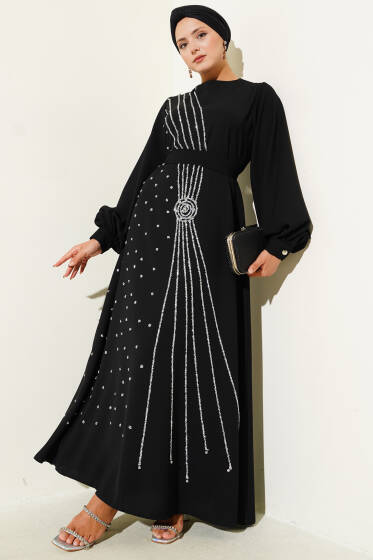 Taş Şerit Geçişli Kuşaklı Abiye Elbise Siyah - Elbise