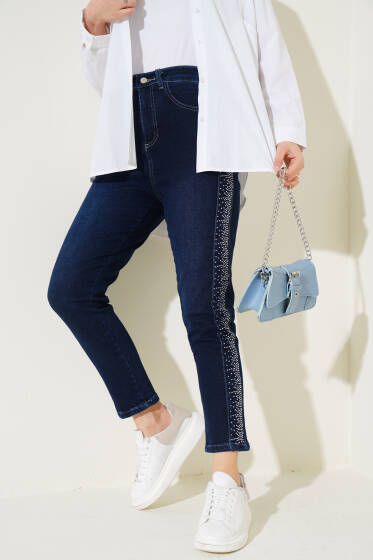 Taş Şeritli Dar Paça Pantolon Lacivert - Pantolon