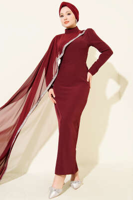 Taş Şeritli Tül Pelerinli Abiye Elbise Bordo - CNR TEKSTİL