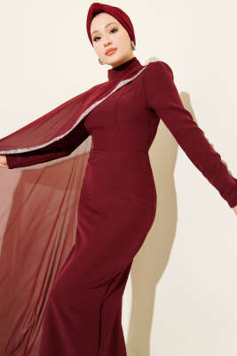 Taş Şeritli Tül Pelerinli Abiye Elbise Bordo - Elbise