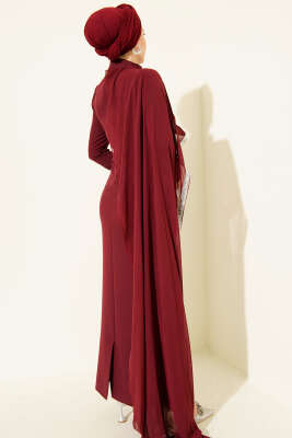 Taş Şeritli Tül Pelerinli Abiye Elbise Bordo - Elbise