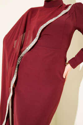 Taş Şeritli Tül Pelerinli Abiye Elbise Bordo - Elbise