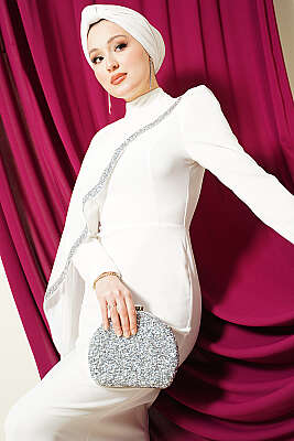 Taş Şeritli Tül Pelerinli Abiye Elbise Ekru - Elbise