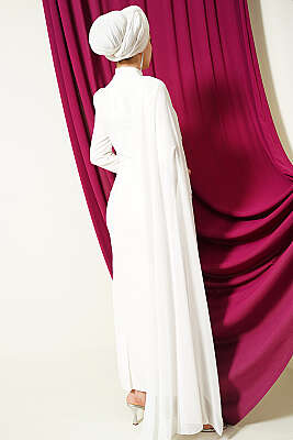 Taş Şeritli Tül Pelerinli Abiye Elbise Ekru - Elbise