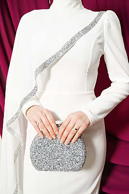 Taş Şeritli Tül Pelerinli Abiye Elbise Ekru - Elbise