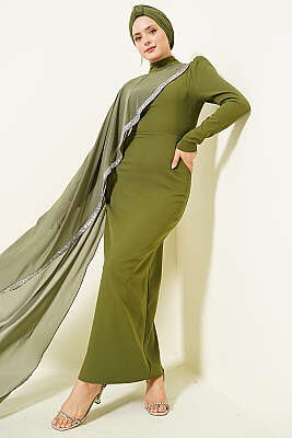 Taş Şeritli Tül Pelerinli Abiye Elbise Haki - Elbise