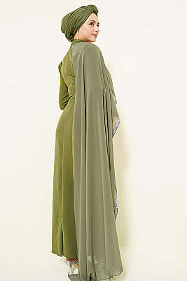 Taş Şeritli Tül Pelerinli Abiye Elbise Haki - Elbise