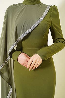 Taş Şeritli Tül Pelerinli Abiye Elbise Haki - Elbise