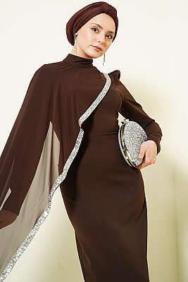 Taş Şeritli Tül Pelerinli Abiye Elbise Kahve - Elbise