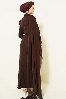 Taş Şeritli Tül Pelerinli Abiye Elbise Kahve - Elbise