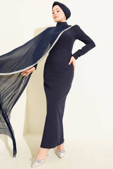 Taş Şeritli Tül Pelerinli Abiye Elbise Lacivert - Elbise