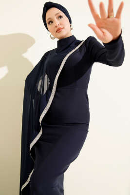 Taş Şeritli Tül Pelerinli Abiye Elbise Lacivert - Elbise