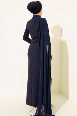 Taş Şeritli Tül Pelerinli Abiye Elbise Lacivert - Elbise