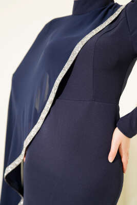 Taş Şeritli Tül Pelerinli Abiye Elbise Lacivert - Elbise