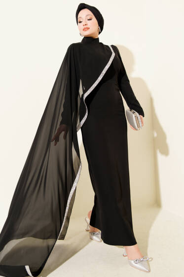 Taş Şeritli Tül Pelerinli Abiye Elbise Siyah - Elbise