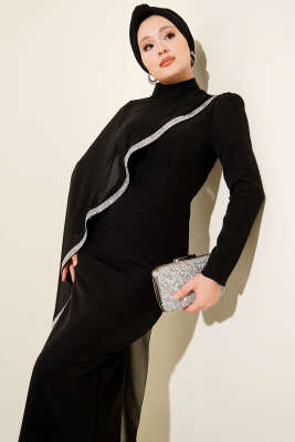 Taş Şeritli Tül Pelerinli Abiye Elbise Siyah - Elbise