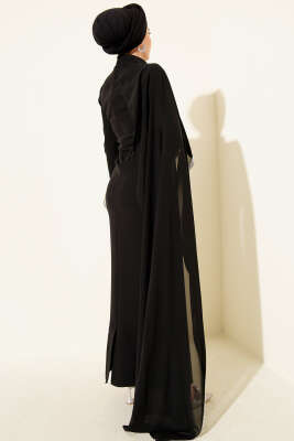 Taş Şeritli Tül Pelerinli Abiye Elbise Siyah - Elbise