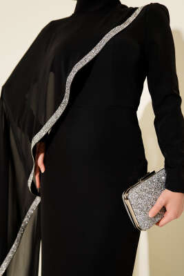 Taş Şeritli Tül Pelerinli Abiye Elbise Siyah - Elbise