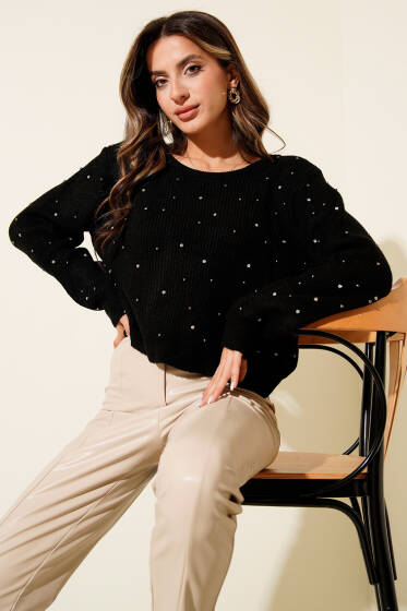 Taş Serpmeli Sırt Dekolteli Triko Kazak Siyah - Kadın Giyim Modelleri