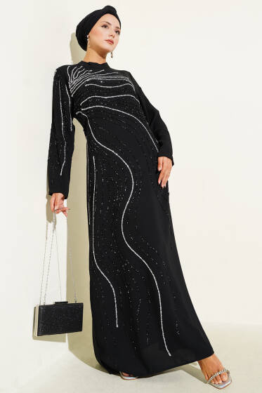 Taş Süs Detaylı Abiye Elbise Siyah - Abiye Elbise
