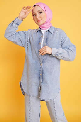 Taş Süsleme Denim İkili Takım Açık Mavi - İKİLİ TAKIM