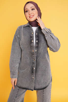 Taş Süsleme Denim İkili Takım Gri - İKİLİ TAKIM