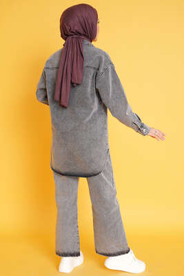 Taş Süsleme Denim İkili Takım Gri - İKİLİ TAKIM