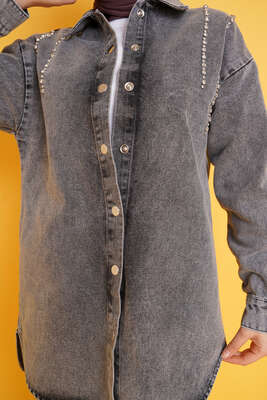 Taş Süsleme Denim İkili Takım Gri - İKİLİ TAKIM