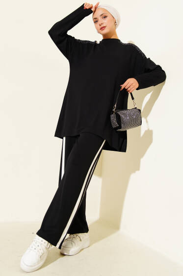 Taş Süsleme Detaylı İkili Takım Siyah - İkili Takım