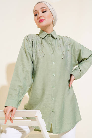 Taş Süslemeli Ağaç Kabuğu Gömlek Mint - Gömlek