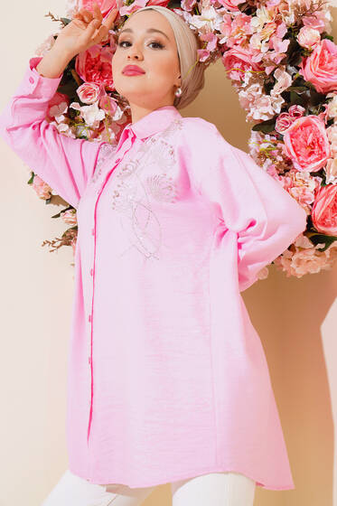 Taş Süslemeli Ağaç Kabuğu Gömlek Pembe - Gömlek
