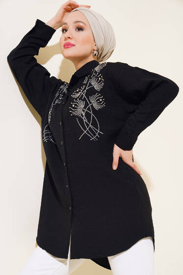 Taş Süslemeli Ağaç Kabuğu Gömlek Siyah - Gömlek