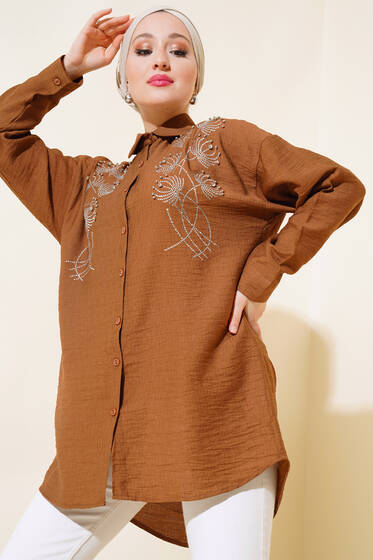 Taş Süslemeli Ağaç Kabuğu Gömlek Taba - Gömlek