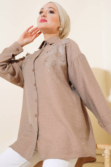 Taş Süslemeli Ağaç Kabuğu Gömlek Vizon - Gömlek