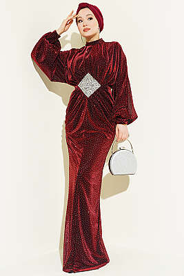 Taş Süslemeli Bel Taş Büzgülü Abiye Bordo - CNR TEKSTİL