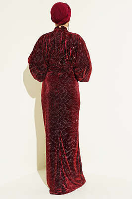 Taş Süslemeli Bel Taş Büzgülü Abiye Bordo - Elbise