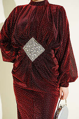 Taş Süslemeli Bel Taş Büzgülü Abiye Bordo - Elbise