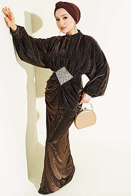 Taş Süslemeli Bel Taş Büzgülü Abiye Kahve - CNR TEKSTİL