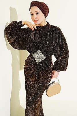 Taş Süslemeli Bel Taş Büzgülü Abiye Kahve - Elbise