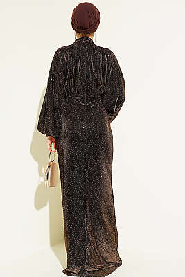 Taş Süslemeli Bel Taş Büzgülü Abiye Kahve - Elbise