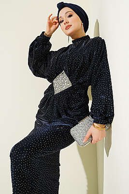 Taş Süslemeli Bel Taş Büzgülü Abiye Lacivert - CNR TEKSTİL