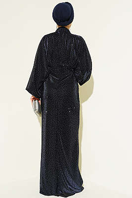 Taş Süslemeli Bel Taş Büzgülü Abiye Lacivert - Elbise