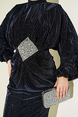 Taş Süslemeli Bel Taş Büzgülü Abiye Lacivert - Elbise