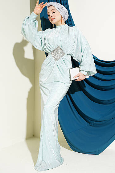 Taş Süslemeli Bel Taş Büzgülü Abiye Mint - Elbise