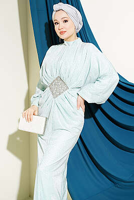 Taş Süslemeli Bel Taş Büzgülü Abiye Mint - Elbise