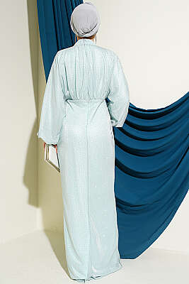 Taş Süslemeli Bel Taş Büzgülü Abiye Mint - Elbise