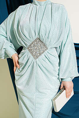 Taş Süslemeli Bel Taş Büzgülü Abiye Mint - Elbise